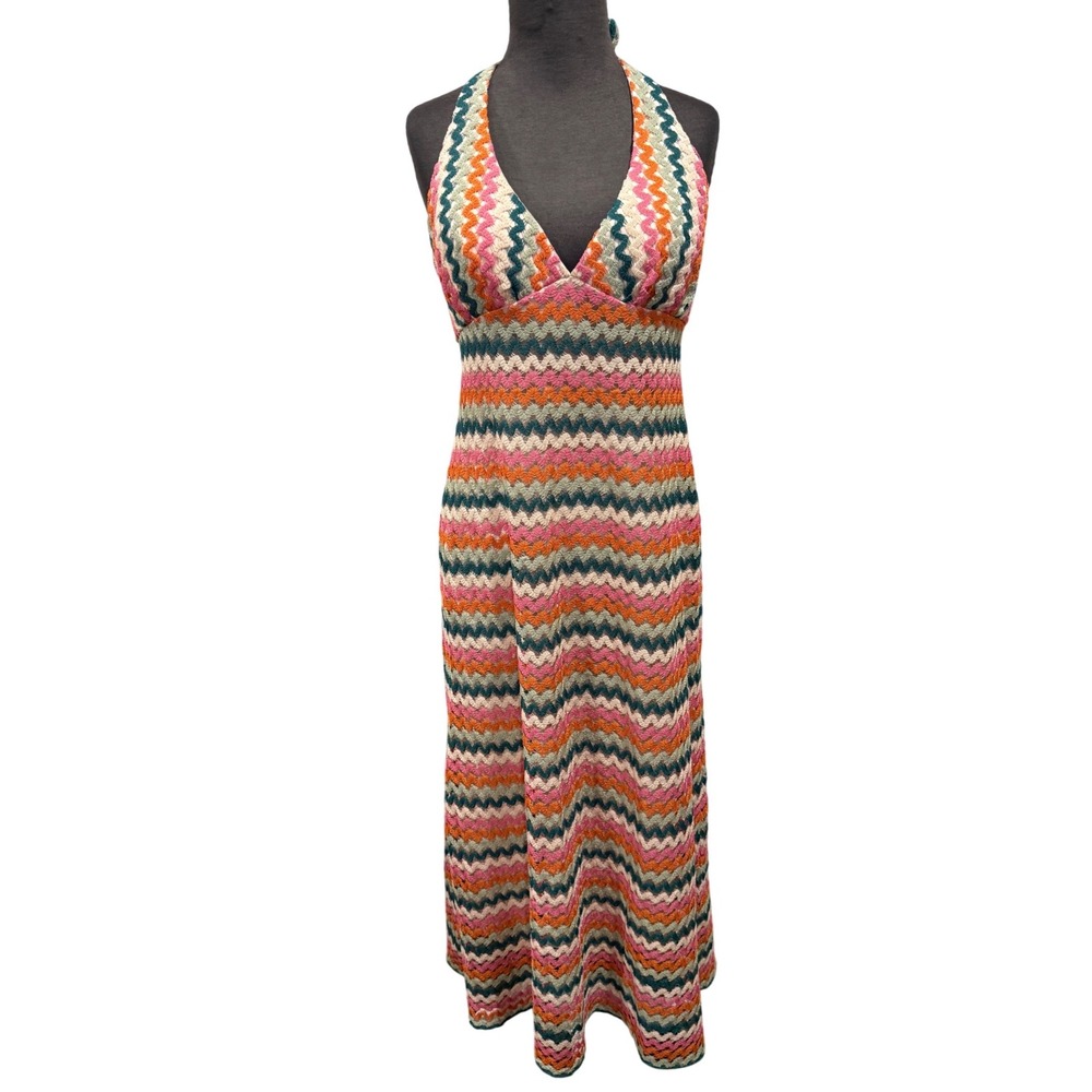Premier Amour XL Chevron Crochet Halter Maxi Dress Multi Color Zig‎ Zag Boho XL